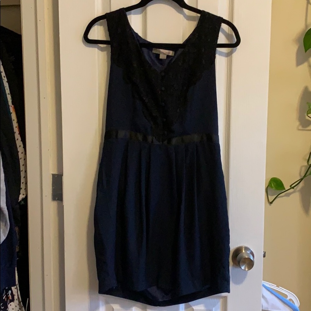 Navy blue chiffon mini dress with lace detail